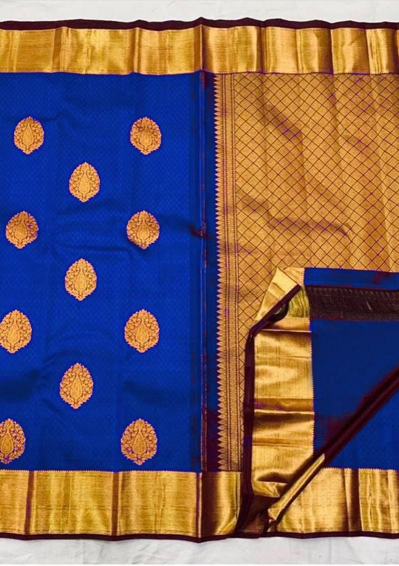 Blue Zari Weaving Silk Saree Set - Indya