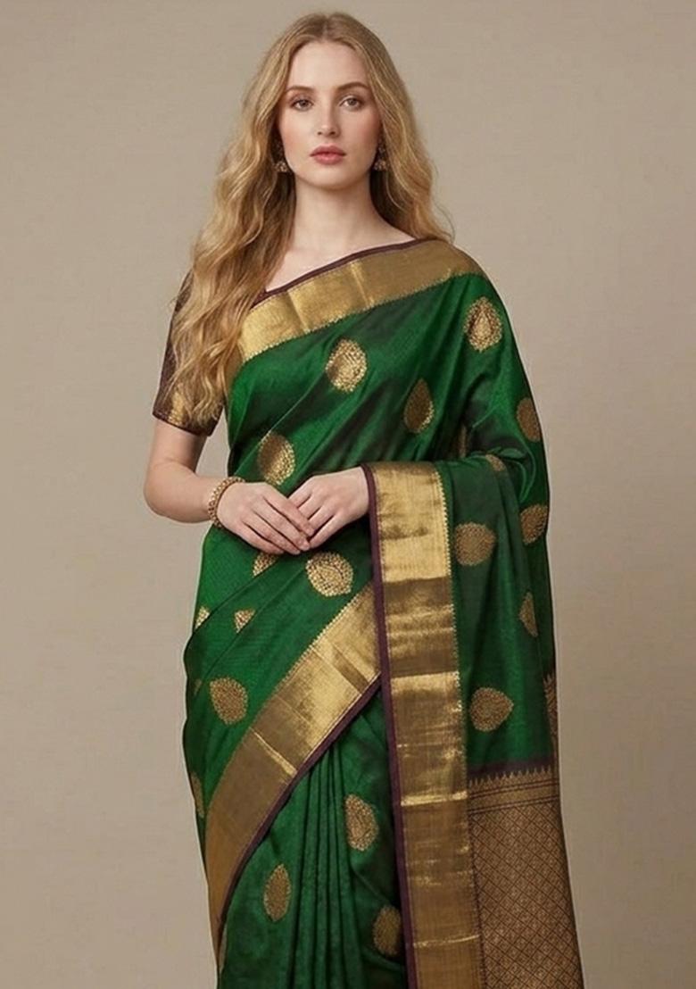 Green Zari Weaving Silk Saree Set - Indya