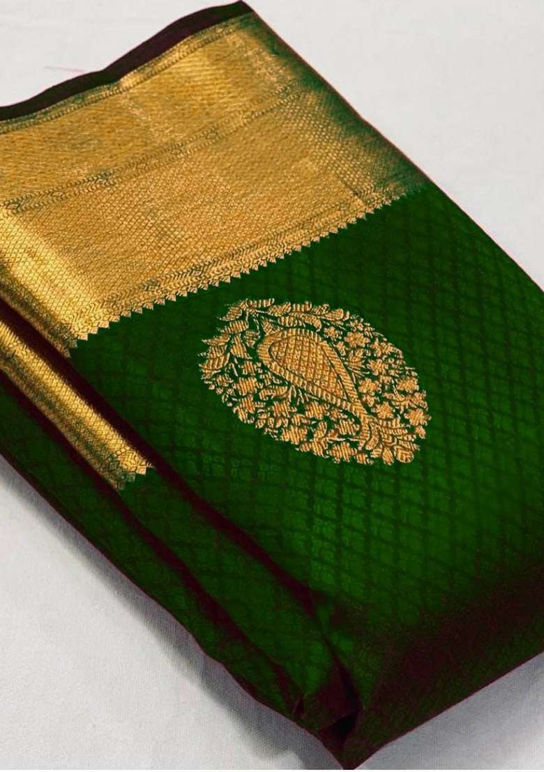 Green Zari Weaving Silk Saree Set for Diwali | Wedding & Festive Wear - Indya