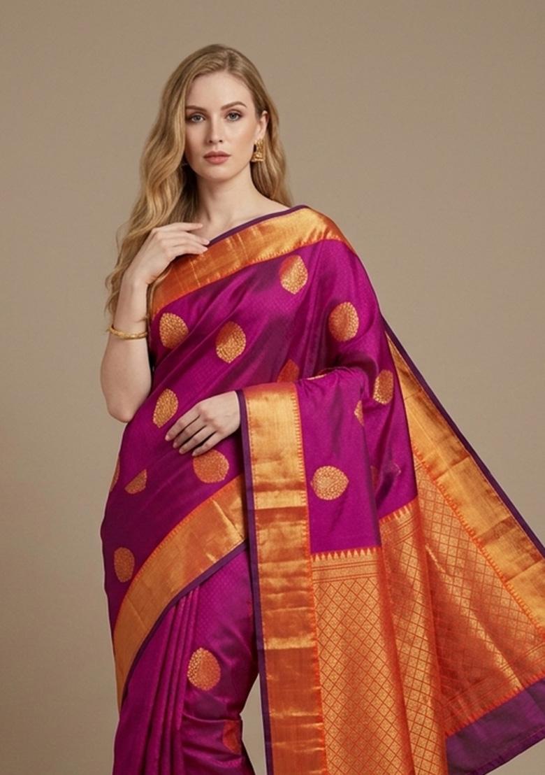 Pink Zari Weaving Silk Saree Set - Indya