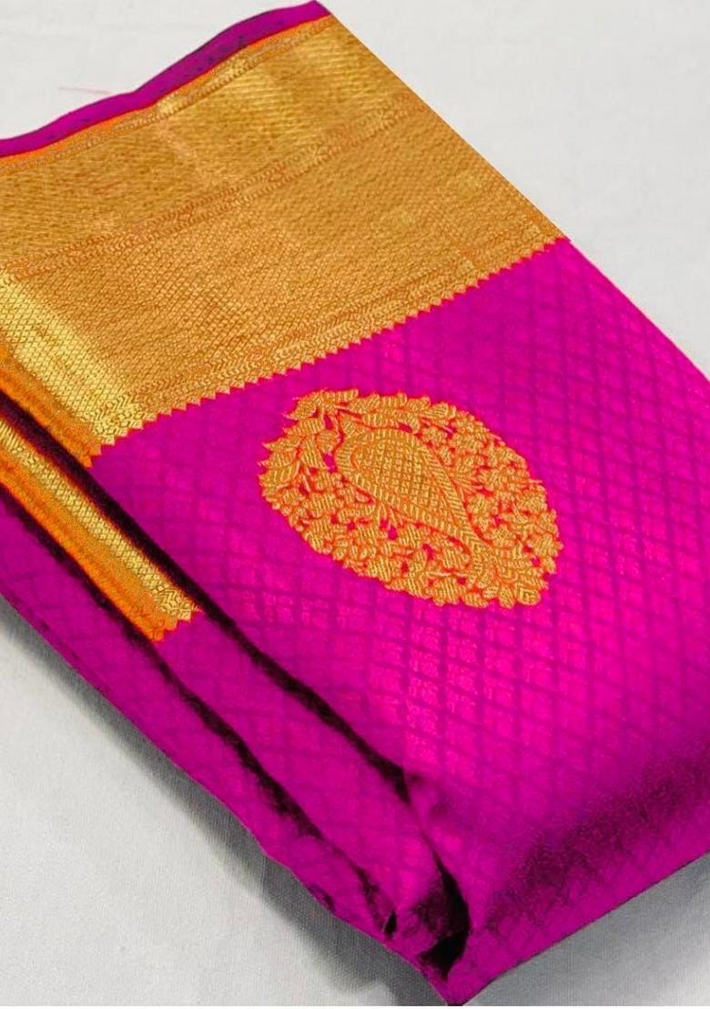 Pink Zari Weaving Silk Saree Set - Indya