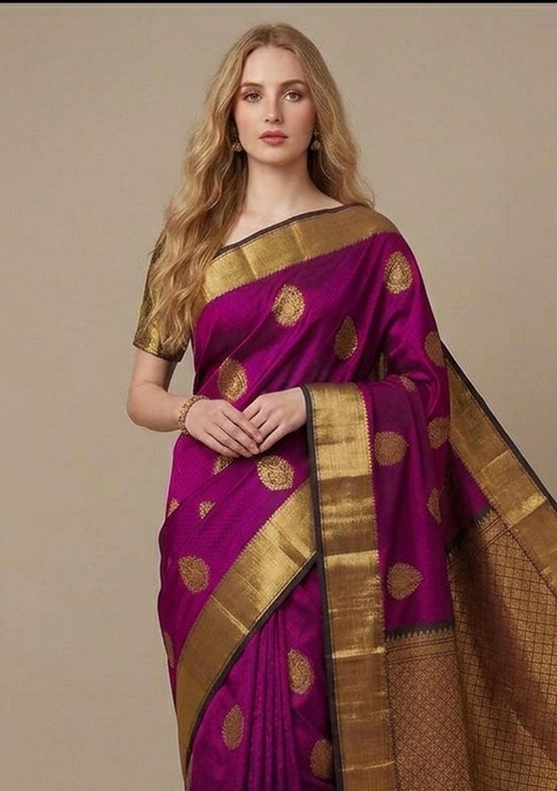 Wine Zari Weaving Silk Saree Set - Indya
