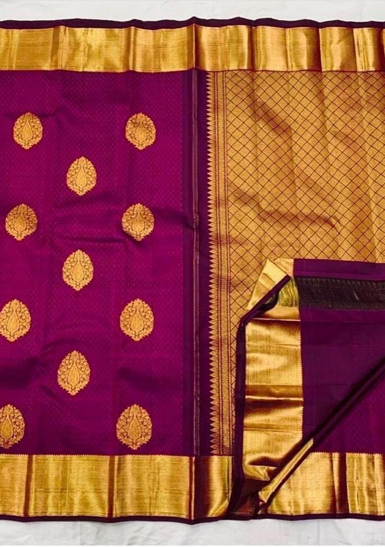 Wine Zari Weaving Silk Saree Set - Indya