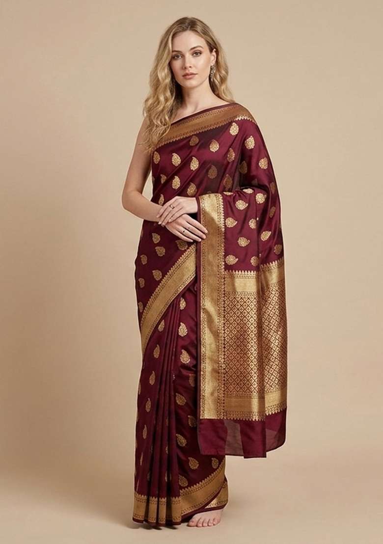 Maroon Zari Weaving Silk Saree Set for Diwali | Wedding & Festive Wear - Indya