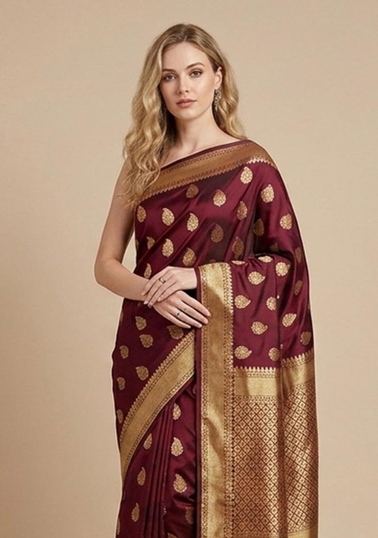 Maroon Zari Weaving Silk Saree Set - Indya
