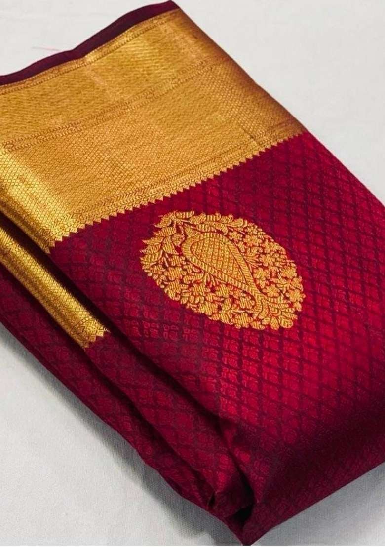 Maroon Zari Weaving Silk Saree Set for Diwali | Wedding & Festive Wear - Indya