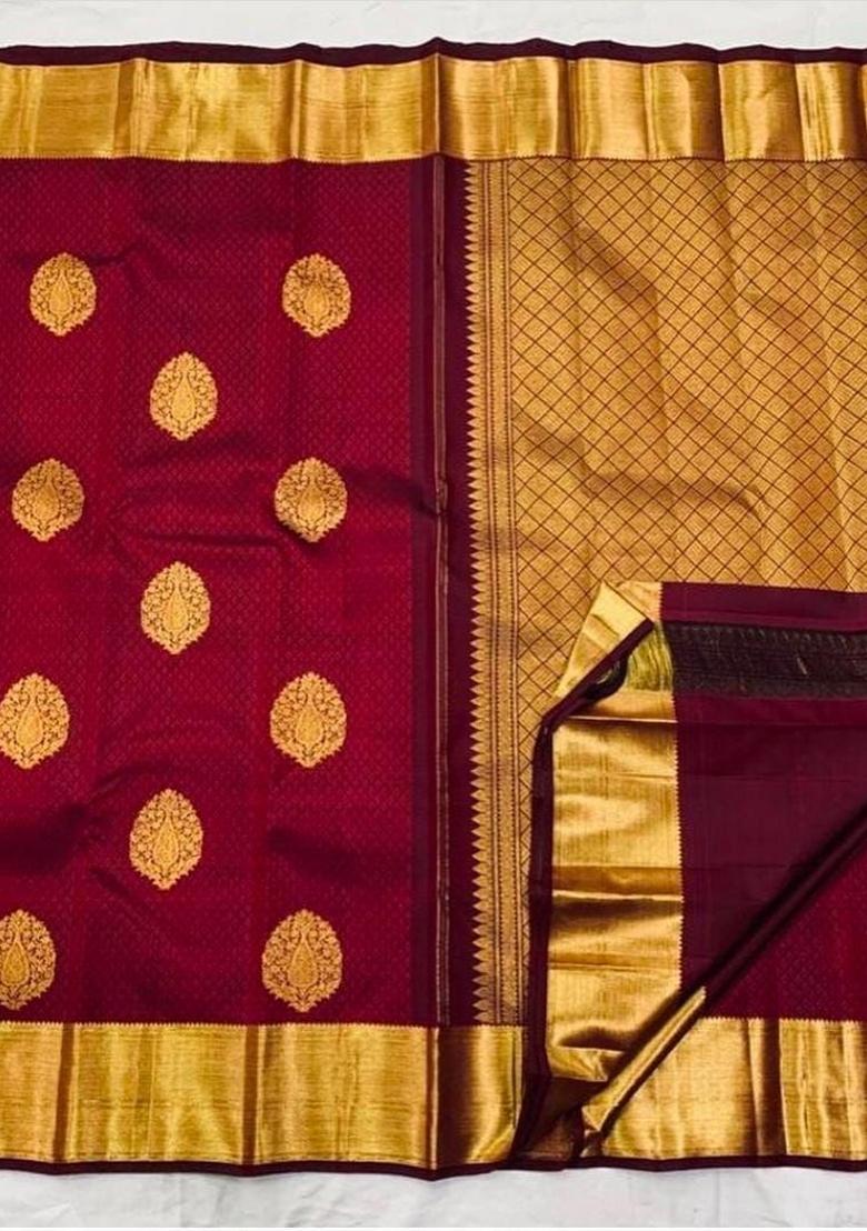 Maroon Zari Weaving Silk Saree Set - Indya