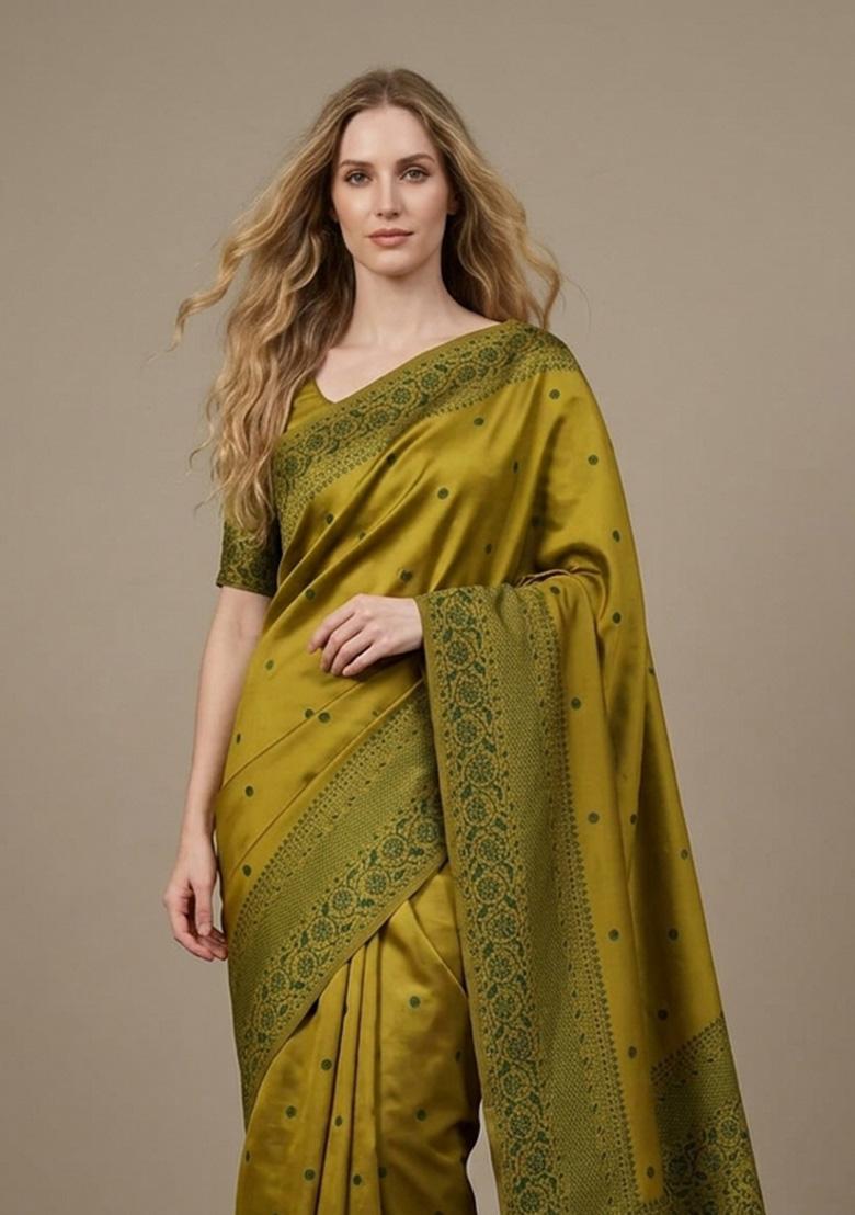 Mustard Zari Weaving Silk Saree Set - Indya