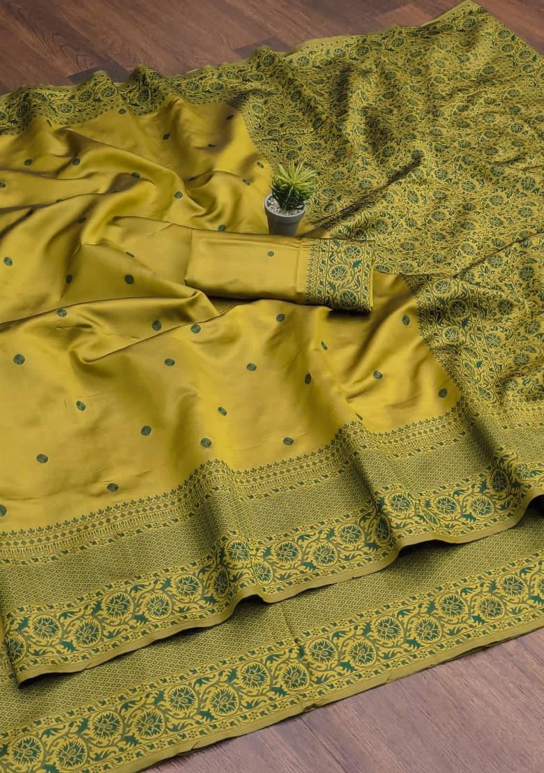 Mustard Zari Weaving Silk Saree Set - Indya