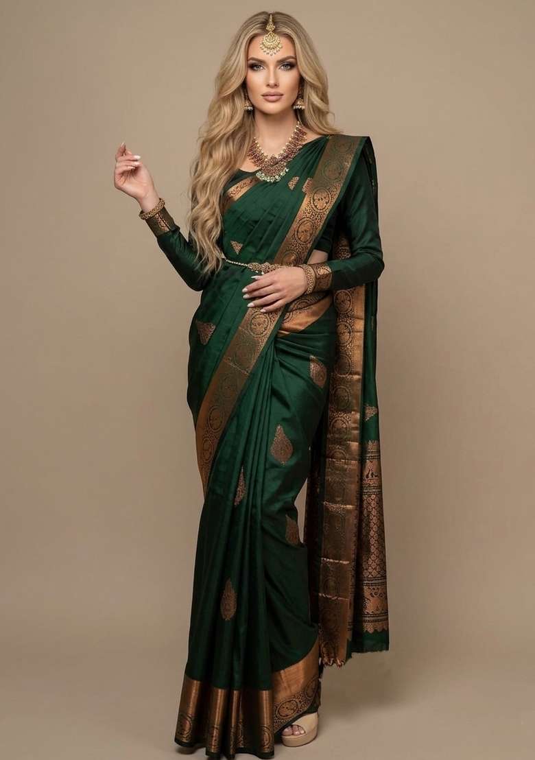 Green Zari Weaving Silk Saree Set for Diwali | Wedding & Festive Wear - Indya