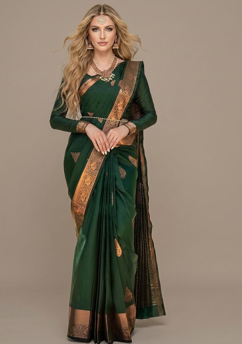 Green Zari Weaving Silk Saree Set - Indya