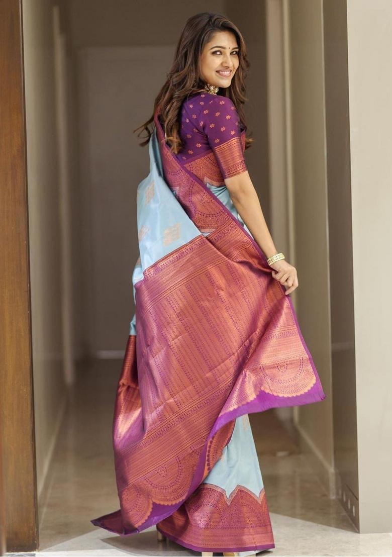 Light Blue Zari Weaving Silk Saree Set - Indya