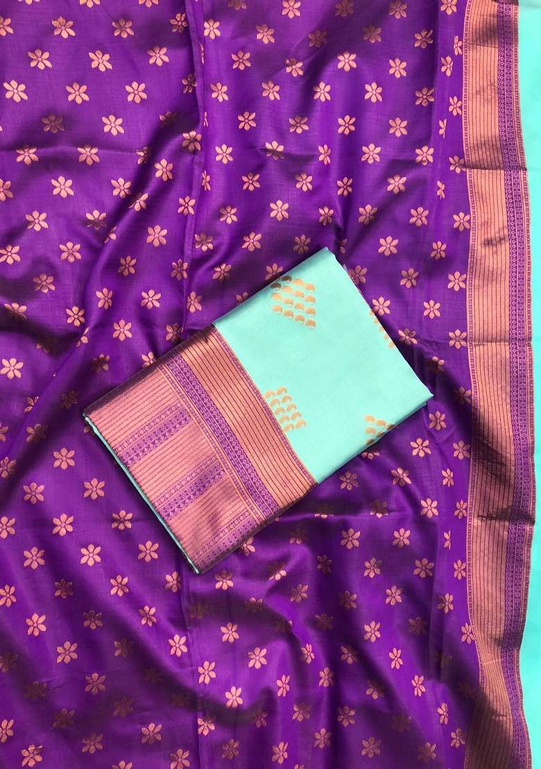 Light Blue Zari Weaving Silk Saree Set for Diwali and Festive Wear - Indya