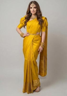 Yellow Zari Weaving Silk Saree Set