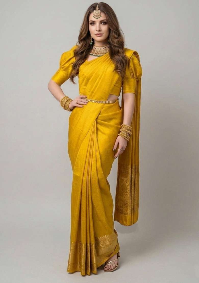 Yellow Zari Weaving Silk Saree Set for Diwali and Festive Wear - Indya