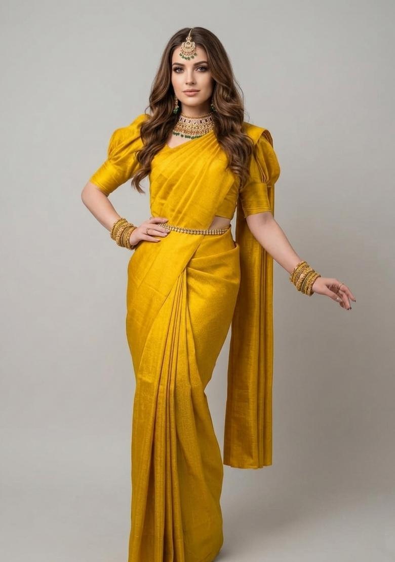 Yellow Zari Weaving Silk Saree Set - Indya