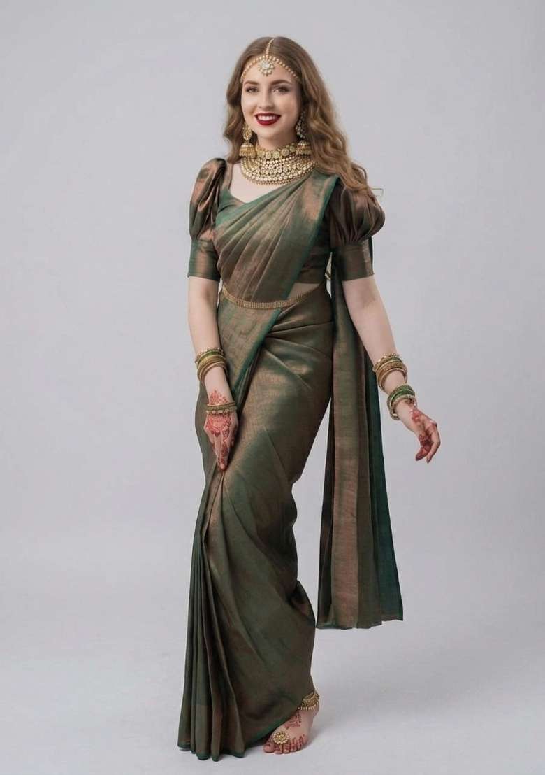 Green Zari Weaving Silk Saree Set for Diwali and Festive Wear - Indya