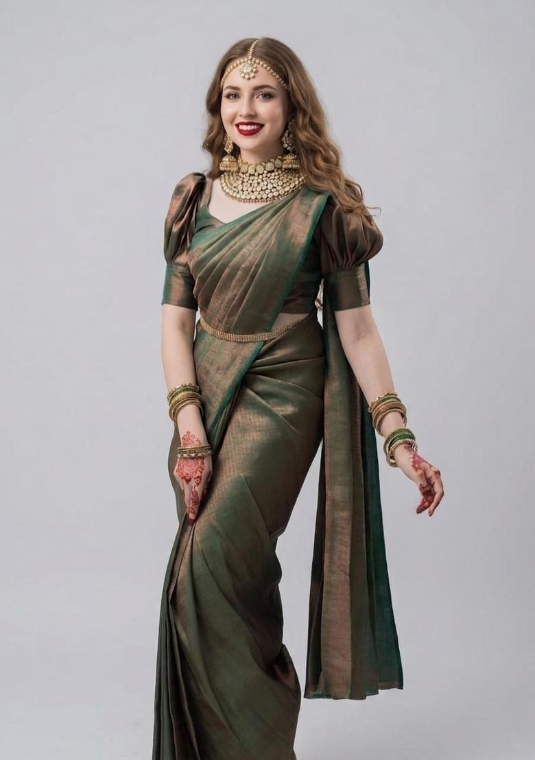 Green Zari Weaving Silk Saree Set - Indya
