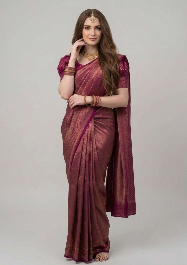 Maroon Zari Weaving Silk Saree Set for Diwali | Wedding & Festive Wear - Indya