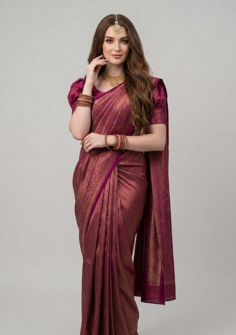 Maroon Zari Weaving Silk Saree Set - Indya