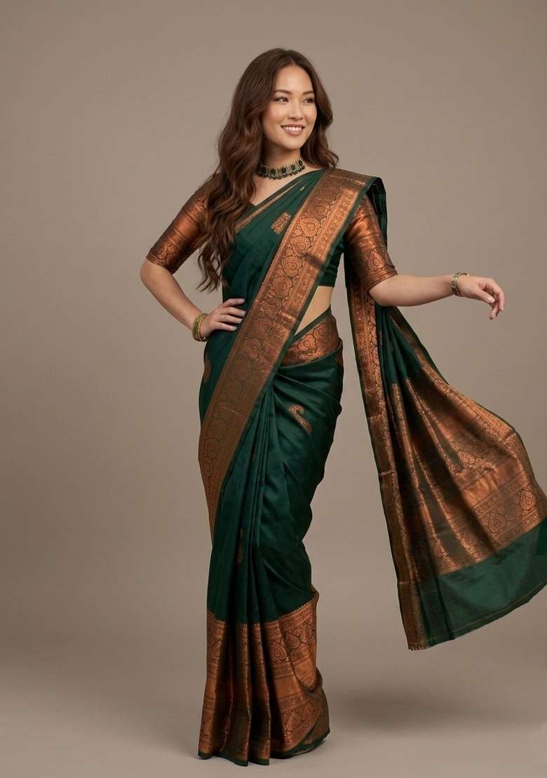 Green Zari Weaving Silk Saree Set for Diwali and Festive Wear - Indya