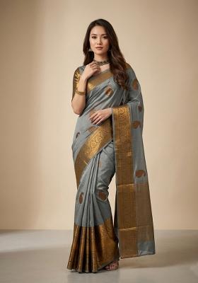 Grey Zari Weaving Silk Saree Set