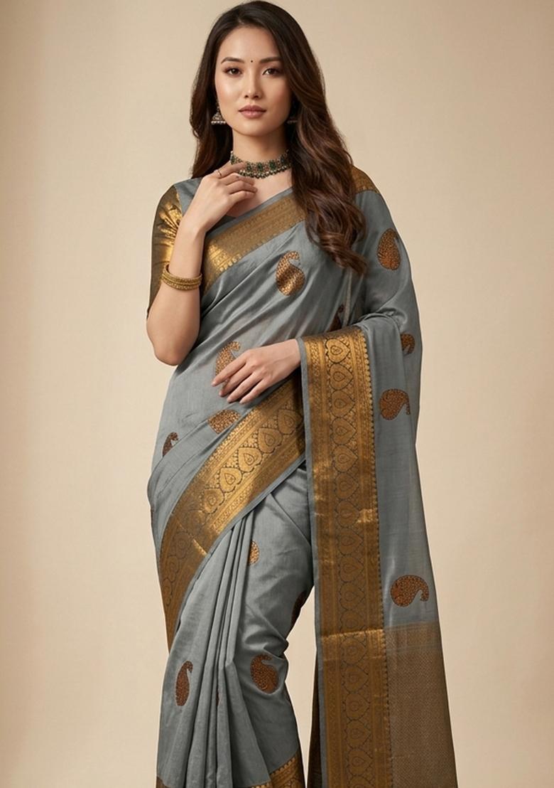 Grey Zari Weaving Silk Saree Set - Indya