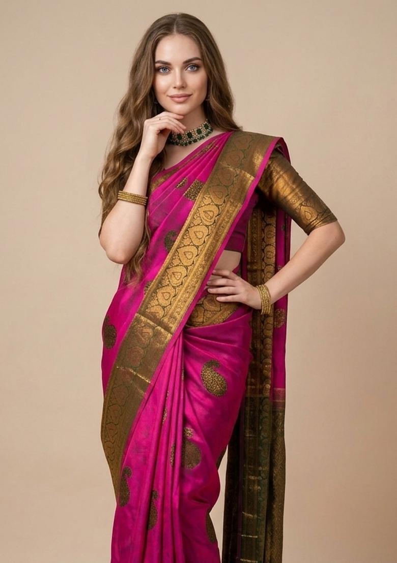 Pink Zari Weaving Silk Saree Set - Indya
