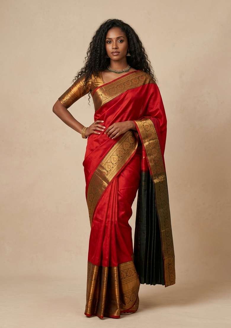Red Zari Weaving Silk Saree Set for Diwali and Festive Wear - Indya
