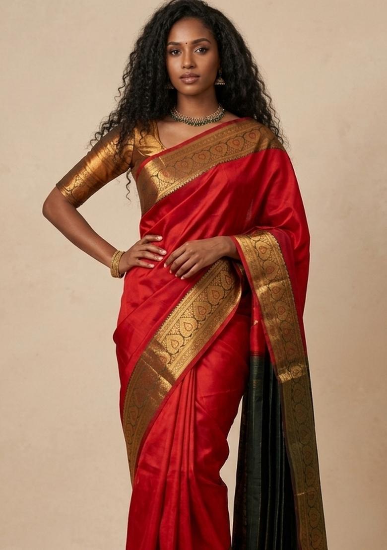 Red Zari Weaving Silk Saree Set - Indya