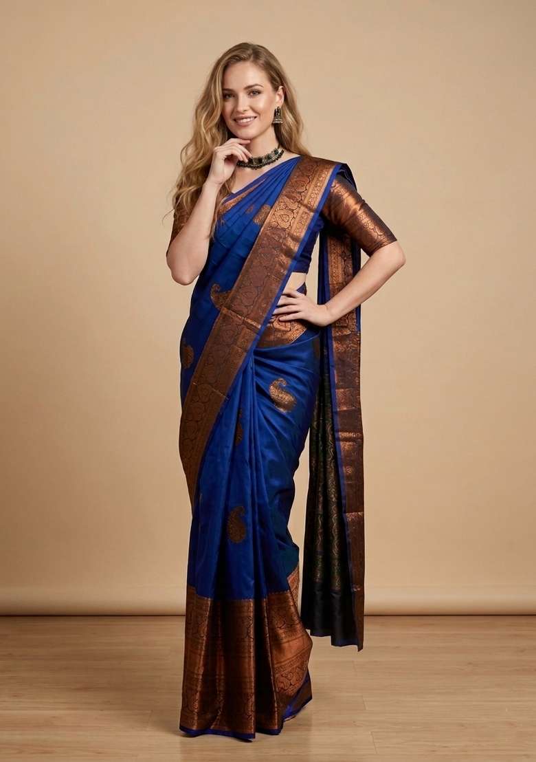 Blue Zari Weaving Silk Saree Set for Diwali | Wedding & Festive Wear - Indya