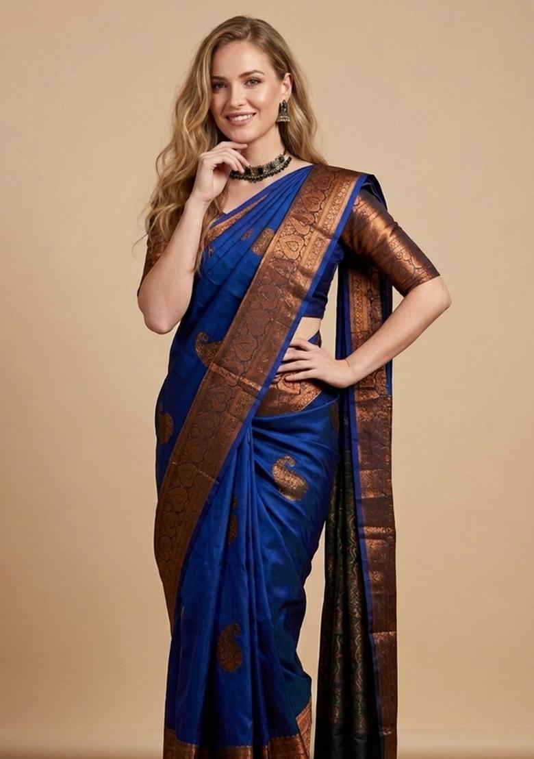 Blue Zari Weaving Silk Saree Set - Indya