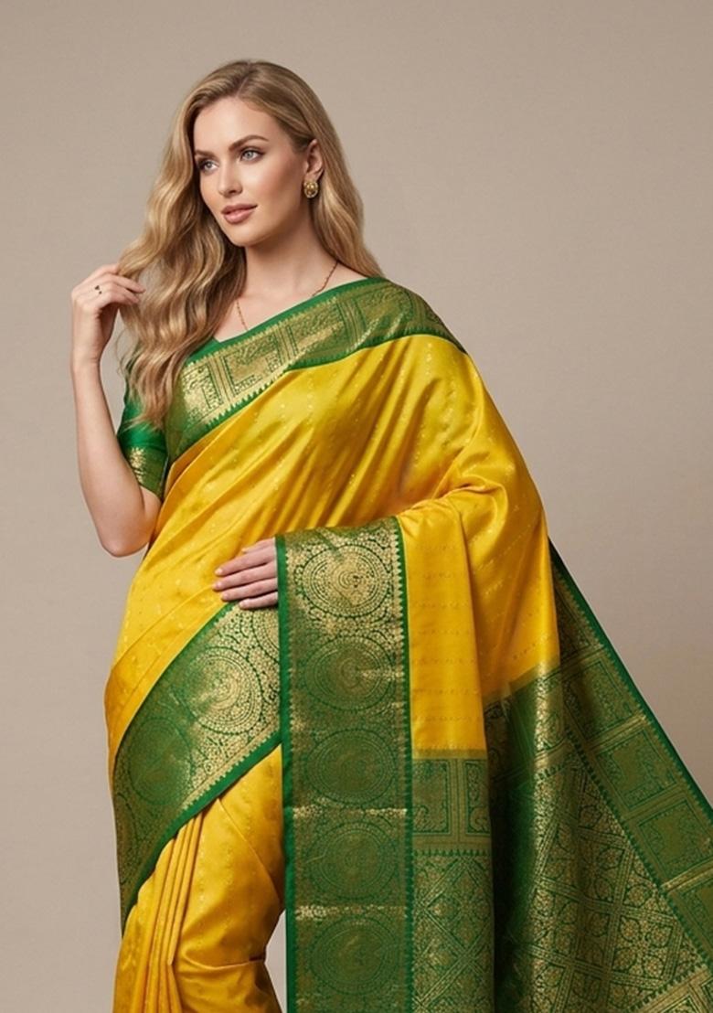 Yellow Zari Weaving Silk Saree Set - Indya