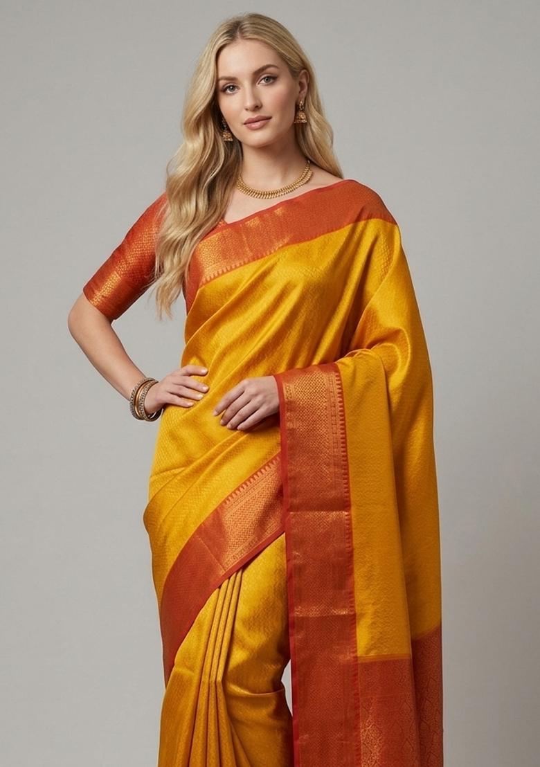 Yellow Zari Weaving Silk Saree Set - Indya