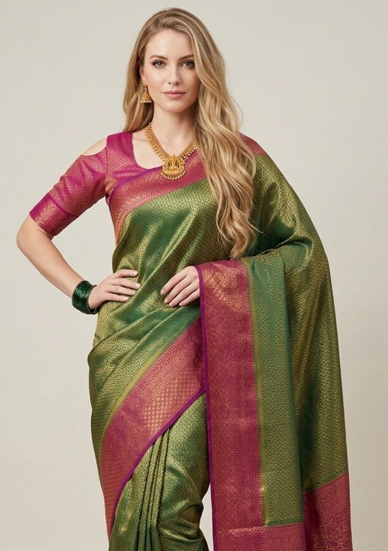 Green Zari Weaving Silk Saree Set - Indya