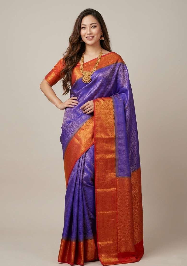 Blue Zari Weaving Silk Saree Set for Diwali and Festive Wear - Indya