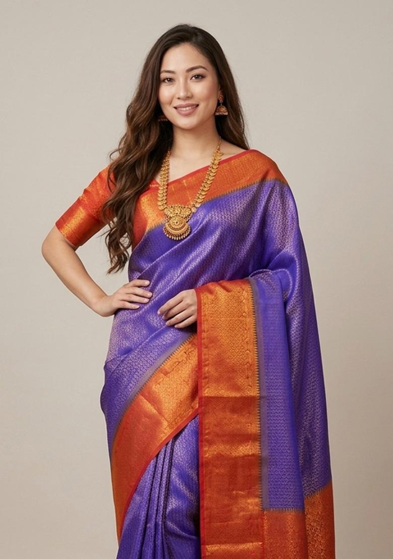 Blue Zari Weaving Silk Saree Set - Indya