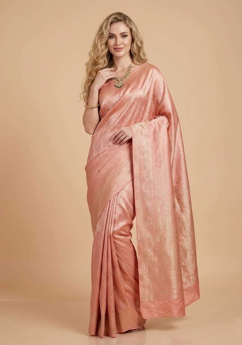Peach Zari Weaving Silk Saree Set for Diwali | Wedding & Festive Wear - Indya