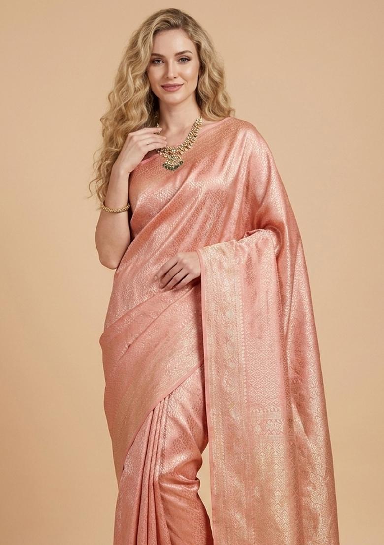 Peach Zari Weaving Silk Saree Set - Indya
