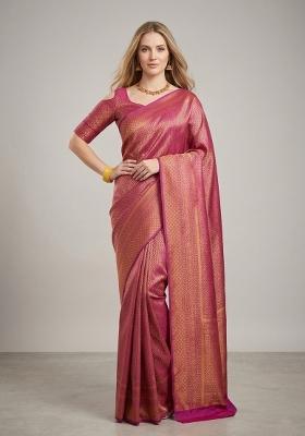 Pink Zari Weaving Silk Saree Set