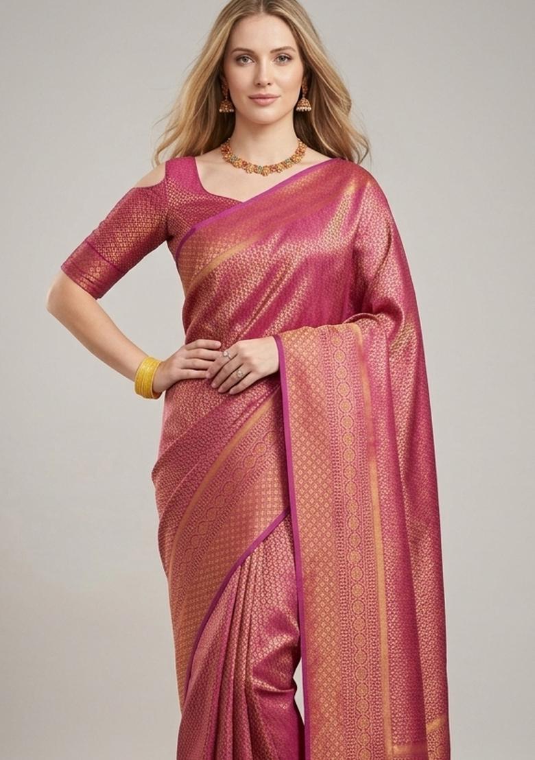 Pink Zari Weaving Silk Saree Set - Indya