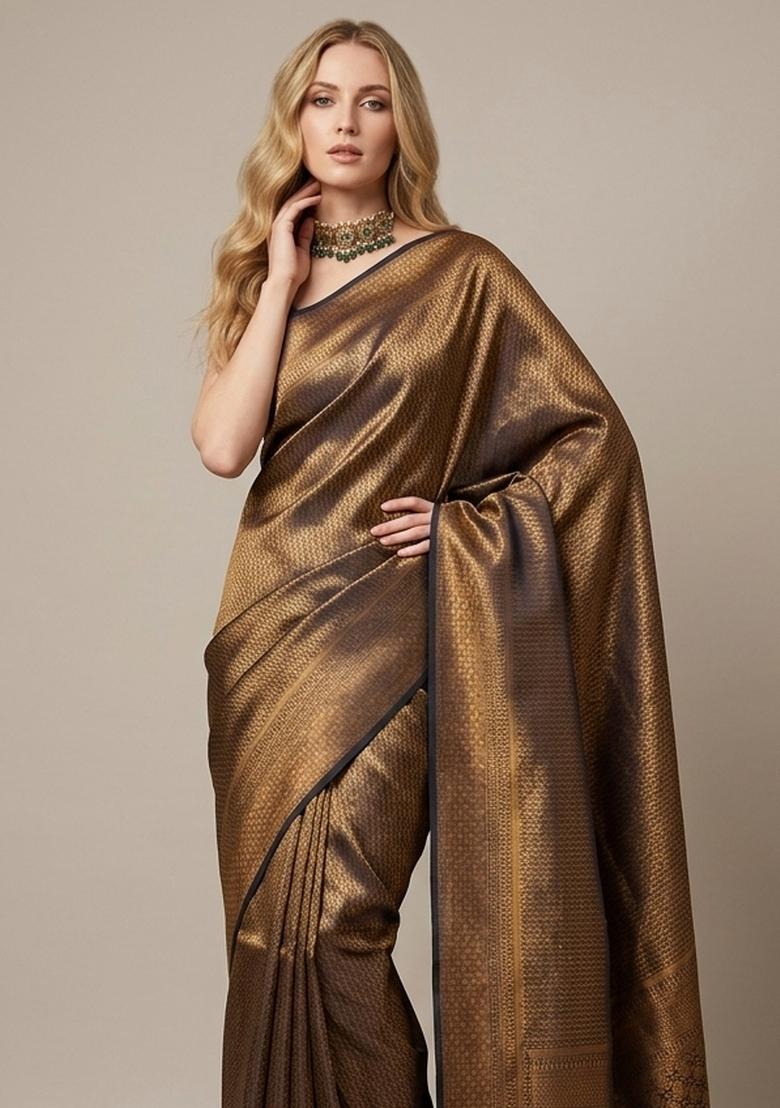 Golden Zari Weaving Silk Saree Set - Indya