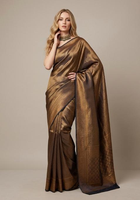Golden Zari Weaving Silk Saree Set