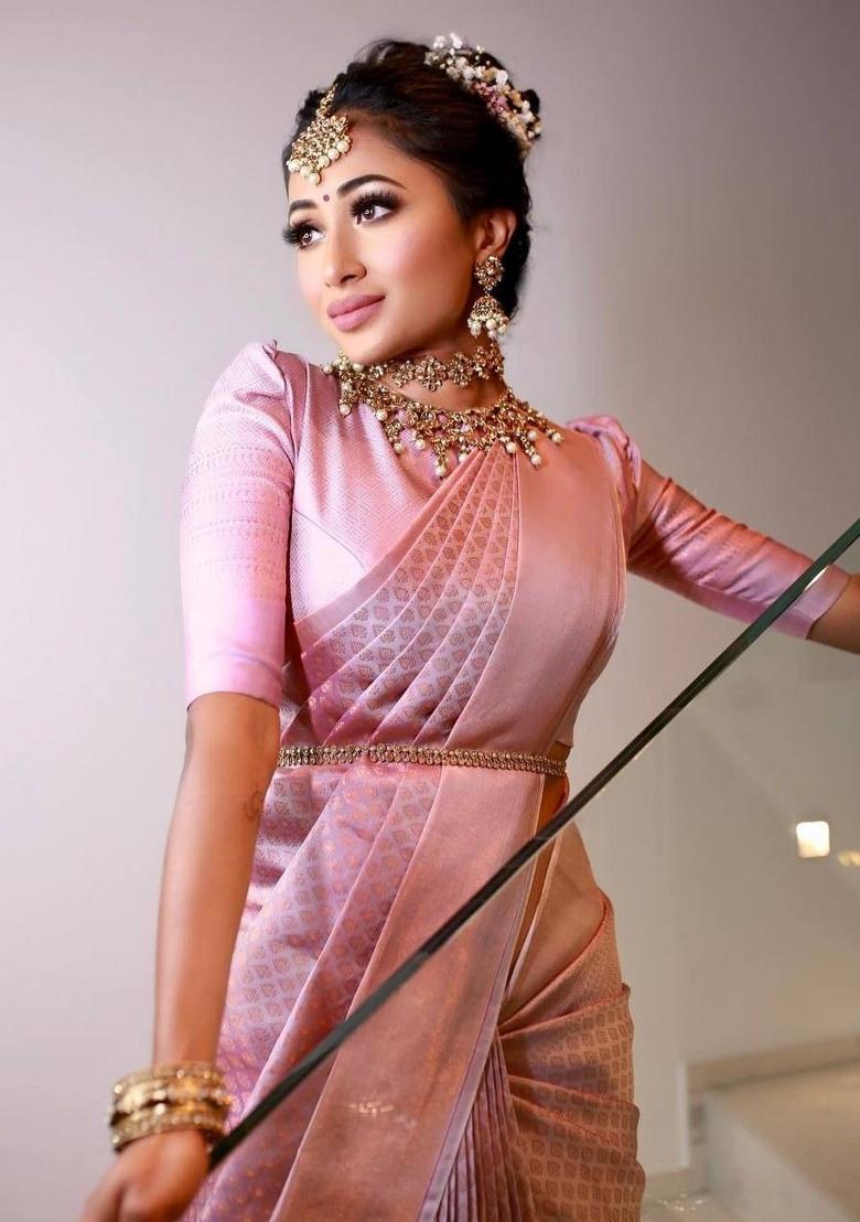 Pink Zari Weaving Silk Saree Set - Indya