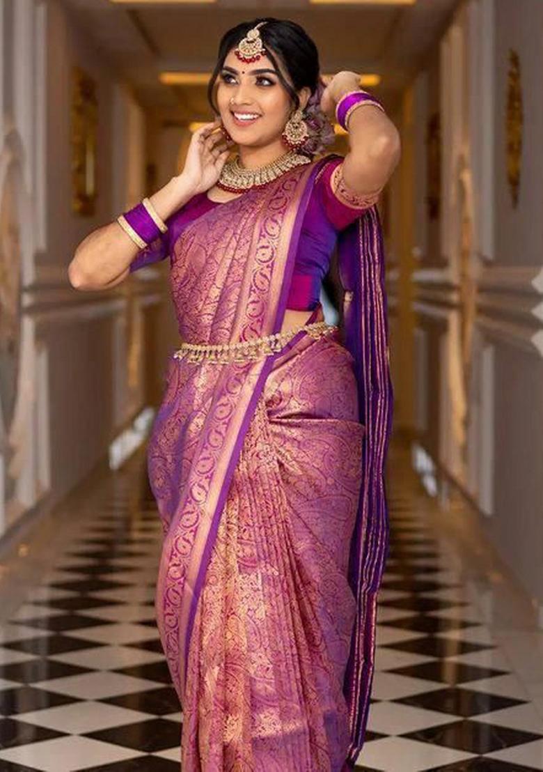 Pink Zari Weaving Silk Saree Set - Indya