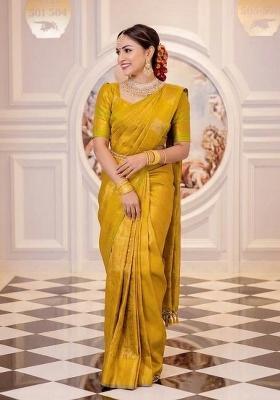 Yellow Zari Weaving Silk Saree Set