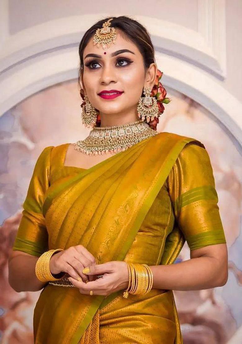 Yellow Zari Weaving Silk Saree Set - Indya