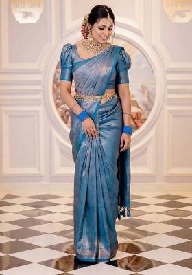 Blue Zari Weaving Silk Saree Set