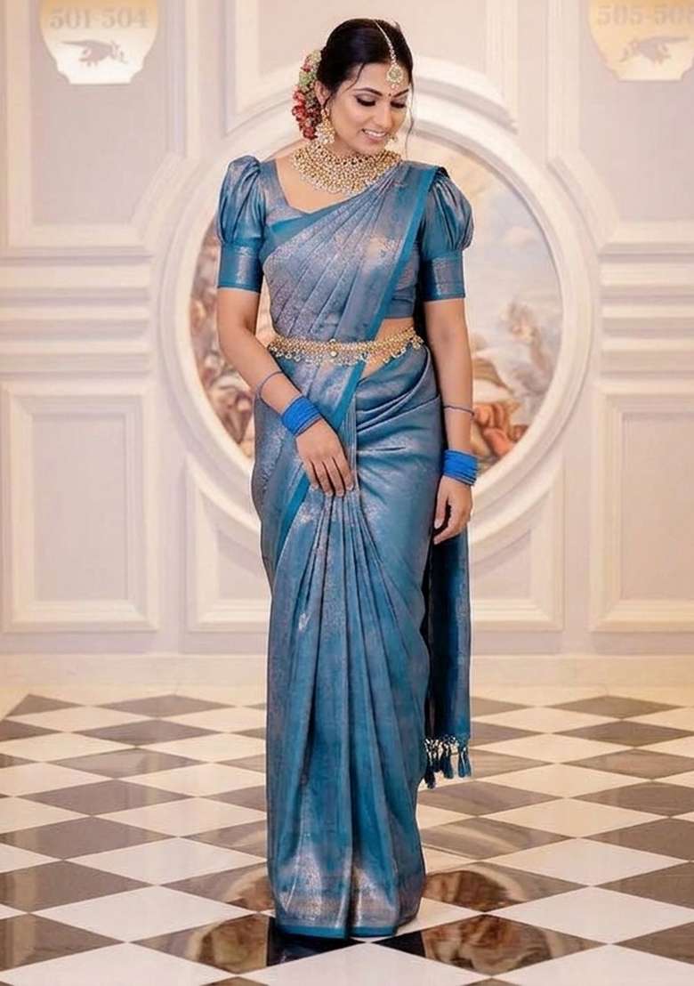 Blue Zari Weaving Silk Saree Set for Diwali | Wedding & Festive Wear - Indya