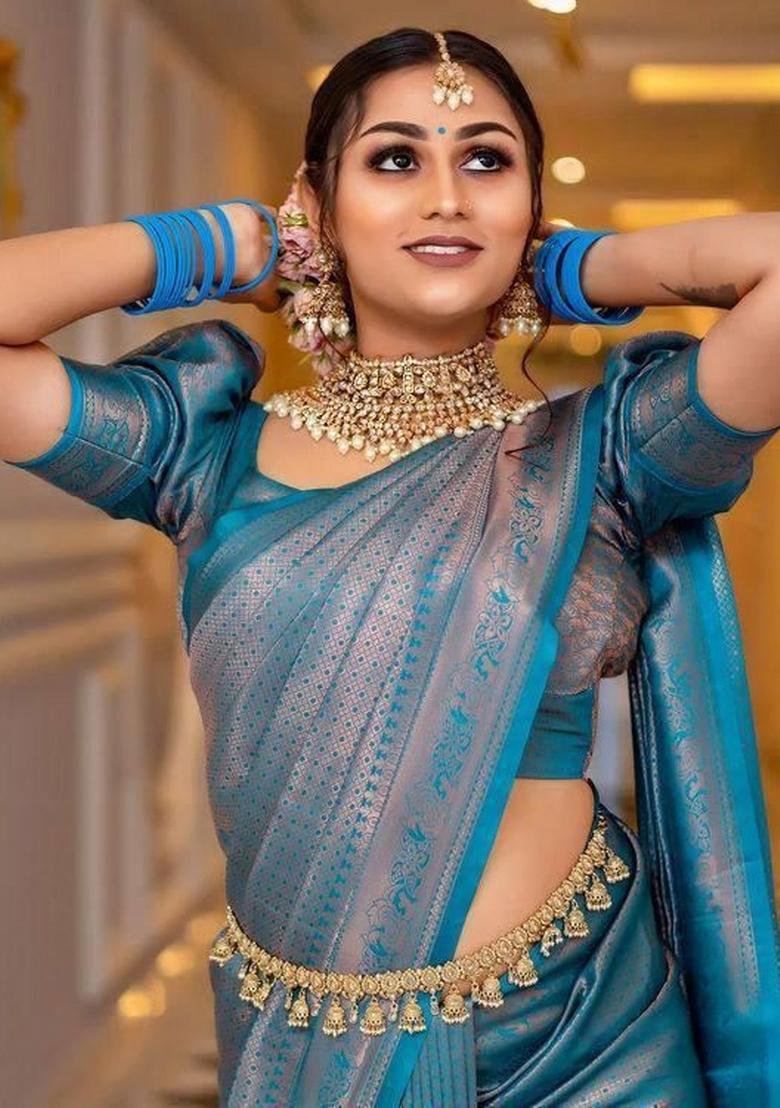 Blue Zari Weaving Silk Saree Set - Indya